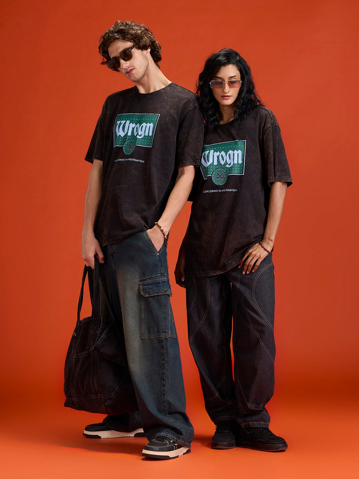 Acid Washed Retro Inspired Graphic Printed Oversized Fit T-shirt | Black