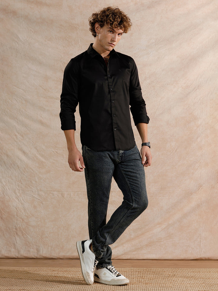 Solid Stretch Cotton Blend Shirt | Black