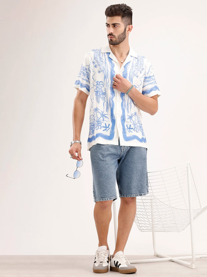 Slim Fit Printed Resort Collar Shirt | White
