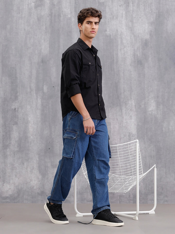 100% Cotton Enzyme Washed Regular Fit Shirt With Double Patch Pocket I Black