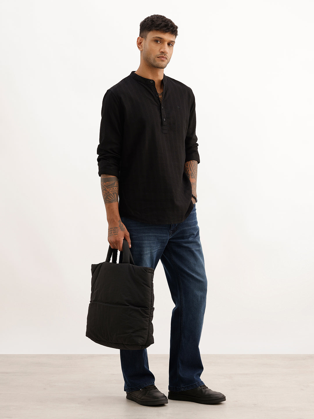 Textured Slim Fit Mandrin Collar Shirt | Black
