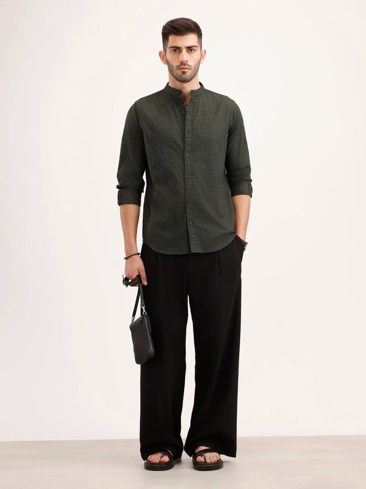 Regular Fit Mandarin Collar Textured Shirt | Dark Green