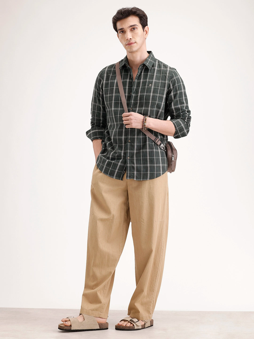 Slim Fit Checkered Linen Blend Shirt | Green