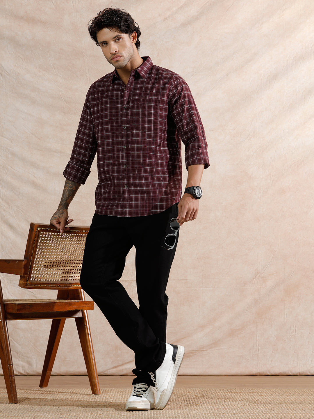 Micro Checks Pattern Regular Fit Shirt | Maroon WUSH2689F – Wrogn