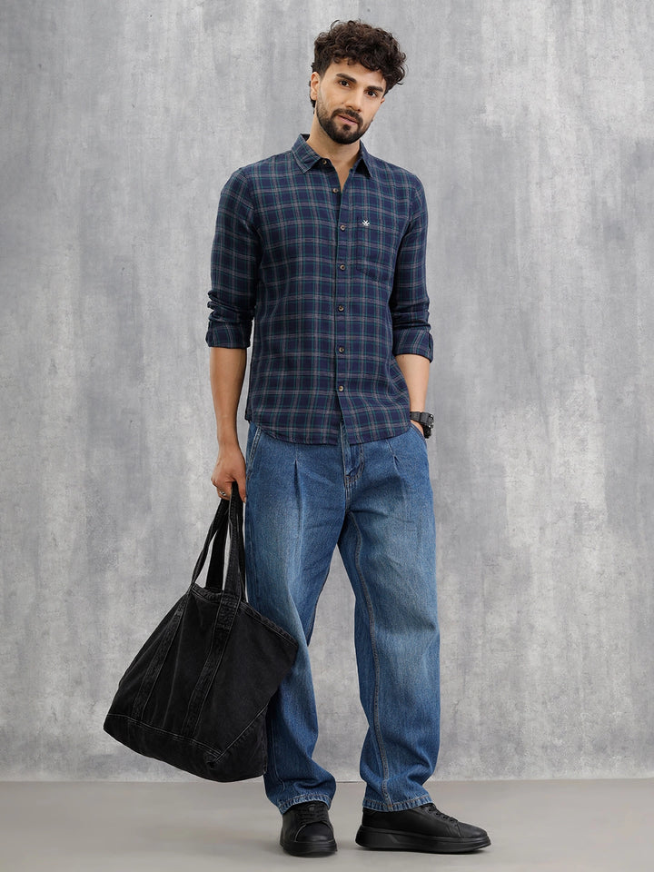 Textured Checkered Cotton Shirt  | Navy Blue