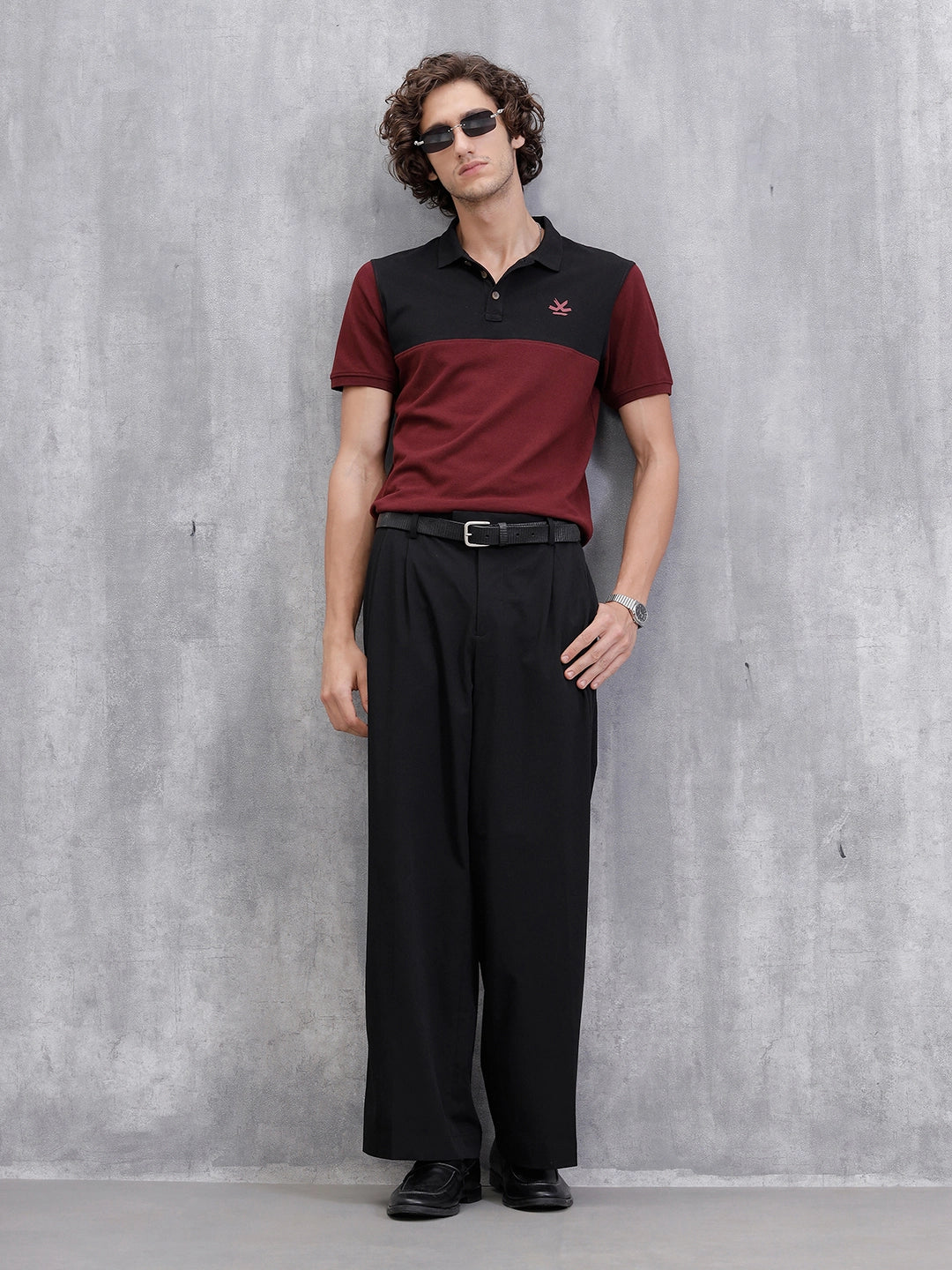 Cut & Sew Slim Fit Polo | Maroon/Black