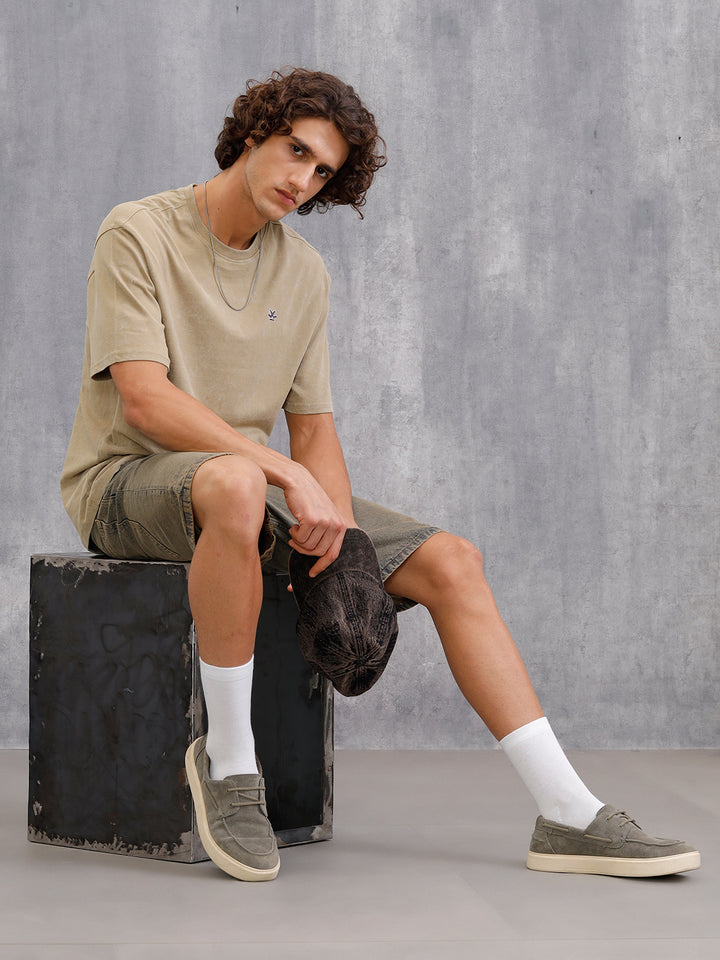 Washed Printed Oversized Fit Pure Cotton T-Shirt | Khaki