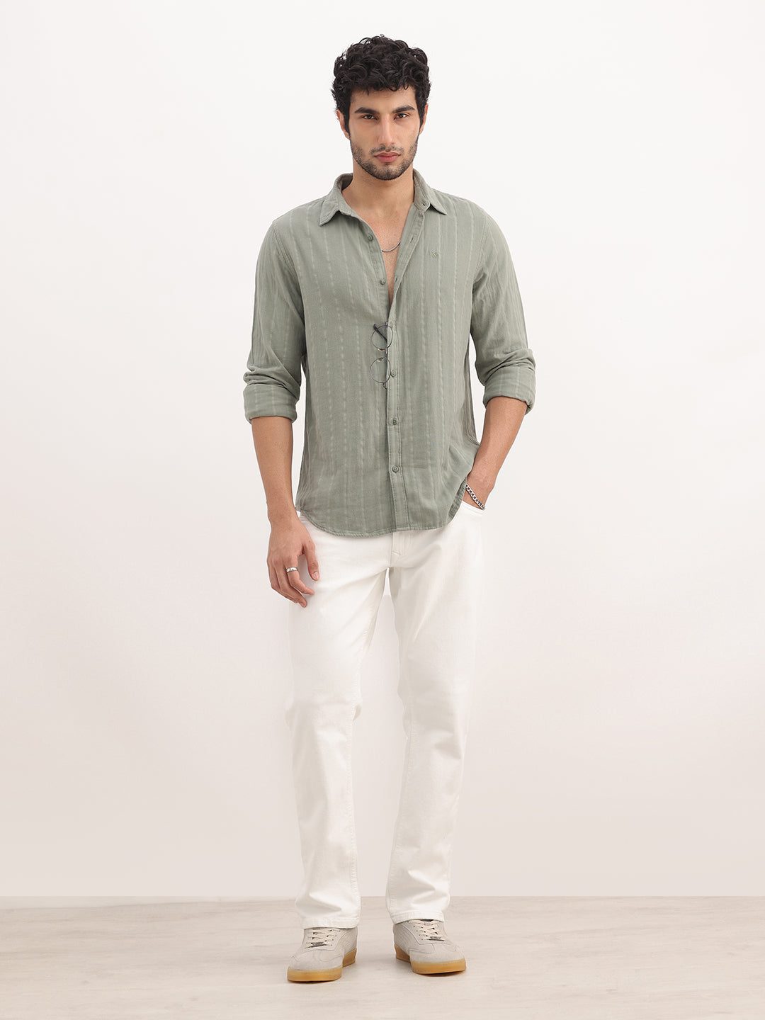 Slim Fit Textured Stripe Full Sleeve Shirt | Olive
