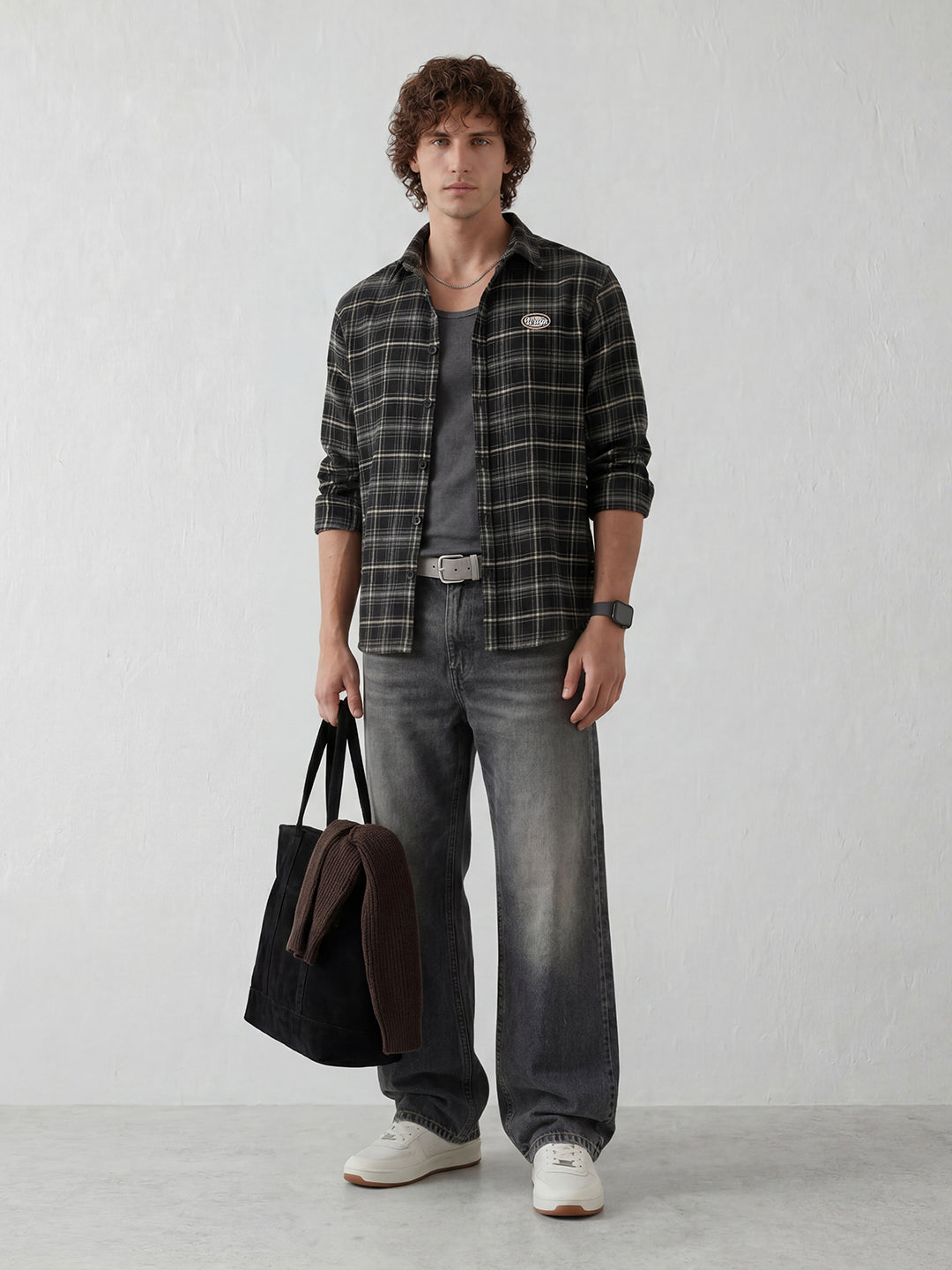 Smart Casual Check Shirt with Embellished Badge Accent | Black