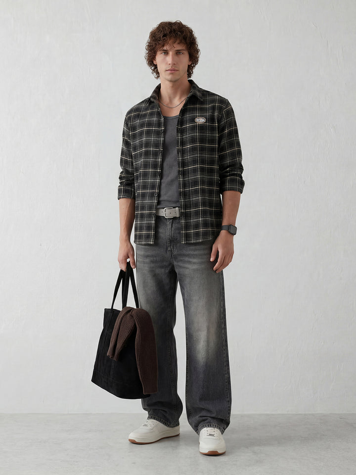 Smart Casual Check Shirt with Embellished Badge Accent | Black