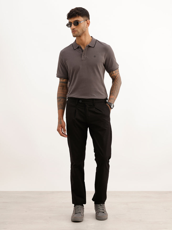 Solid Slim Fit Pleated Trouser | Black