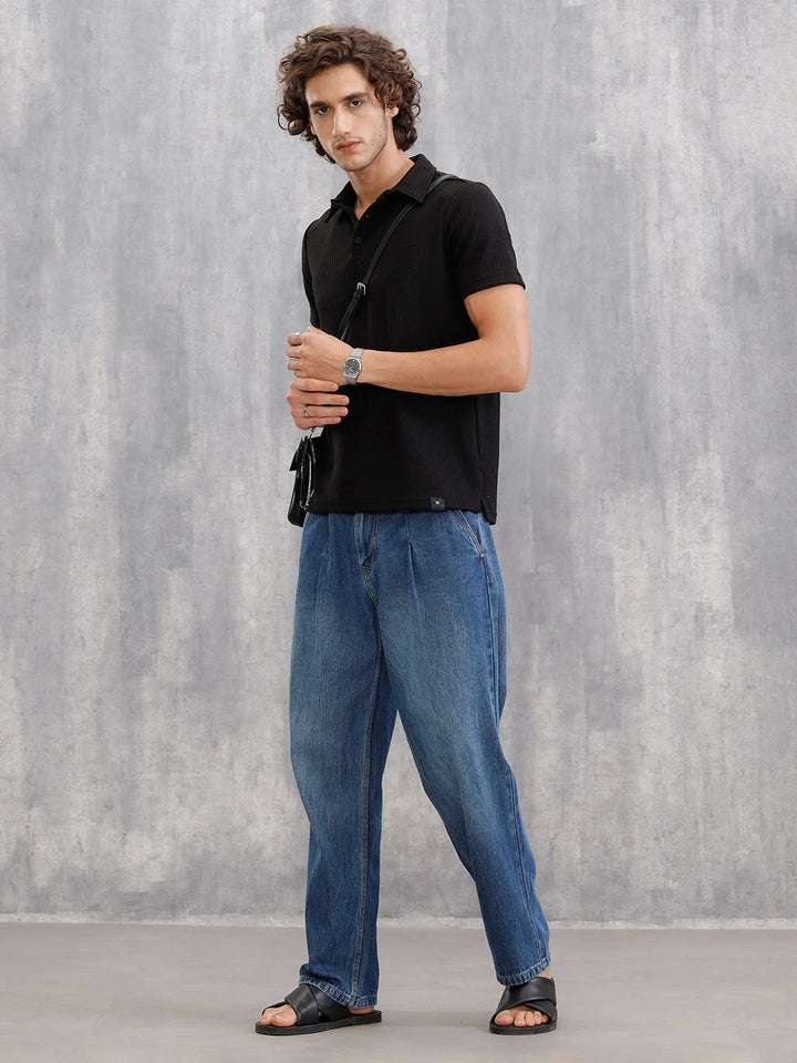 Jacquard Textured Knit Polo In Slim Fit  |  Black