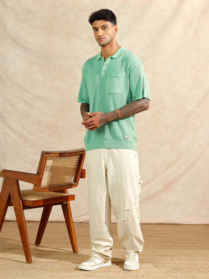 Solid Textured Flat Knit Polo T-Shirt | Green
