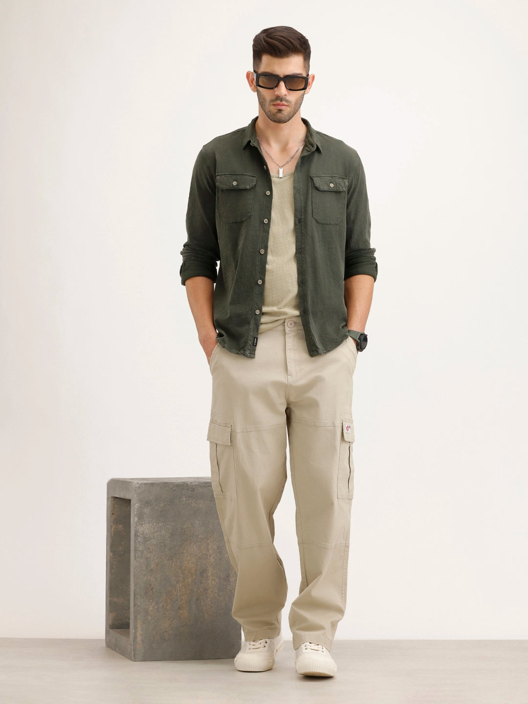 Washed Slim Fit Double Pocket Shirt | Olive