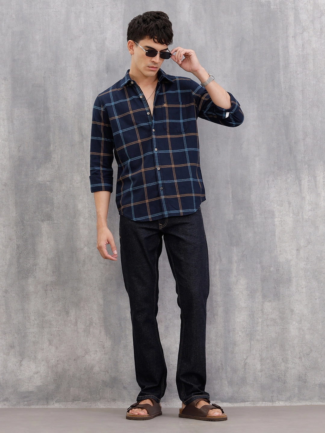 Textured Notebook Check Shirt In Slim Fit  | Navy Blue
