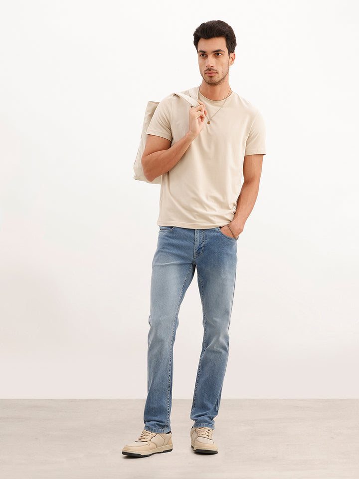 Faded Slim Fit Mid Rise Denim Jeans | Light Blue