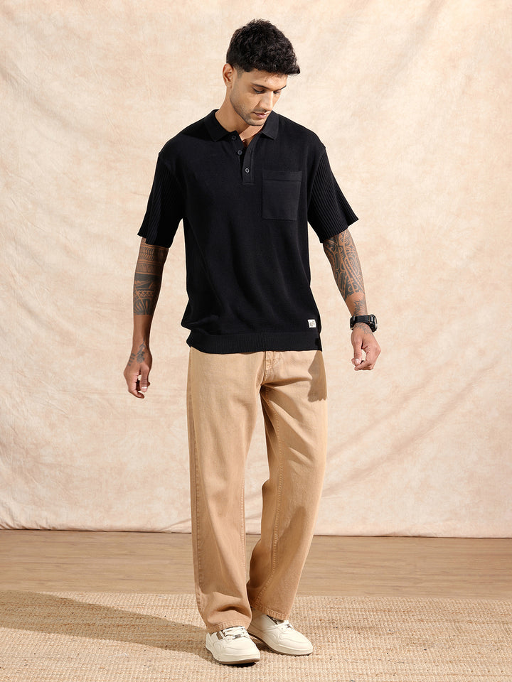 Solid Textured Flat Knit Polo T-Shirt | Black