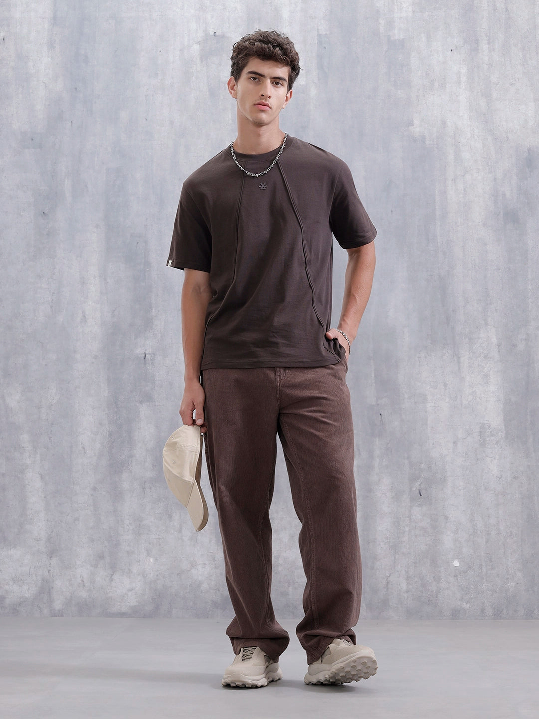 Men Solid Comfort Fit Tshirt With Pipping Detail | Dark Brown