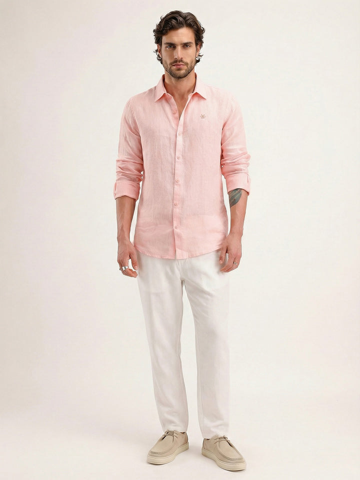 Solid 100% Linen Slim Fit Shirt | Pink