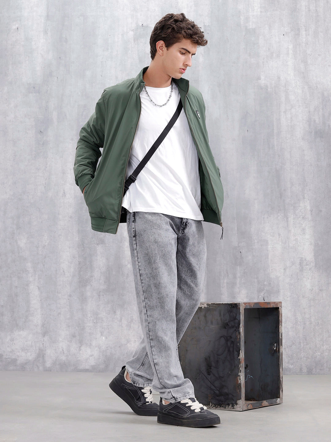 Men's Solid Casual Bomber Jacket | Green