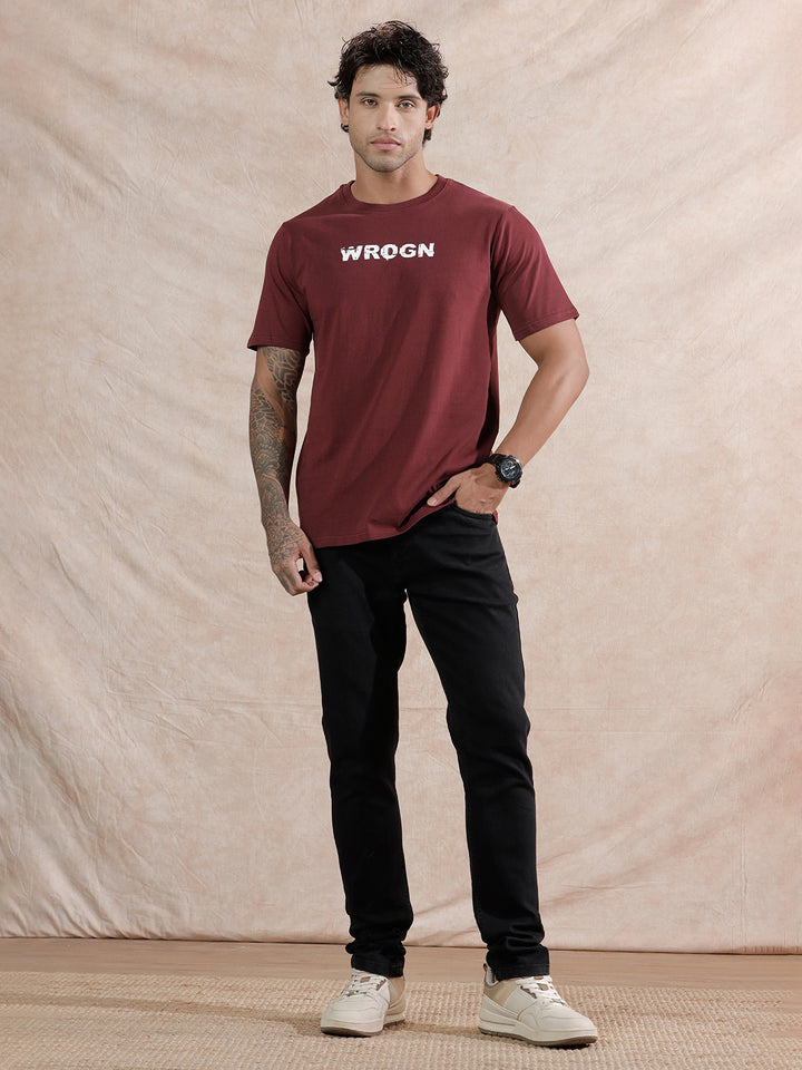 Glitched Logo Printed T-Shirt | Maroon