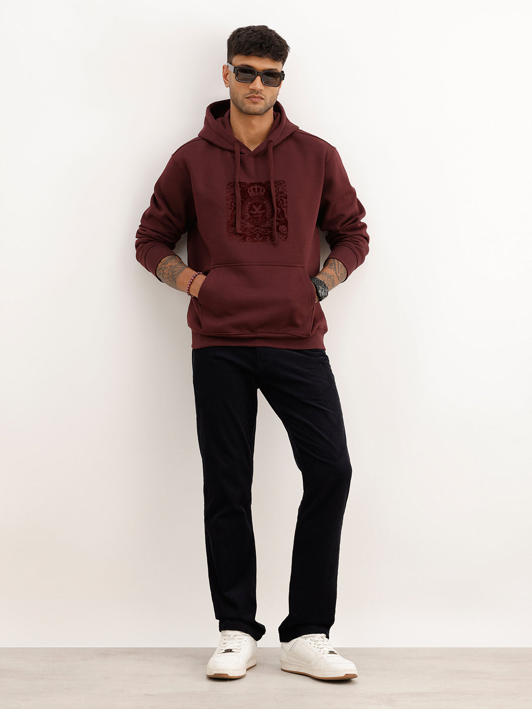 Solid Flock Printed Hoodie | Wine