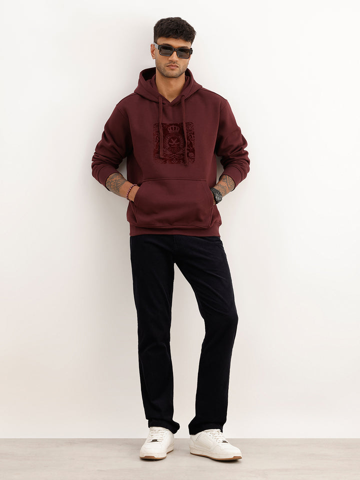 Solid Flock Printed Hoodie | Wine
