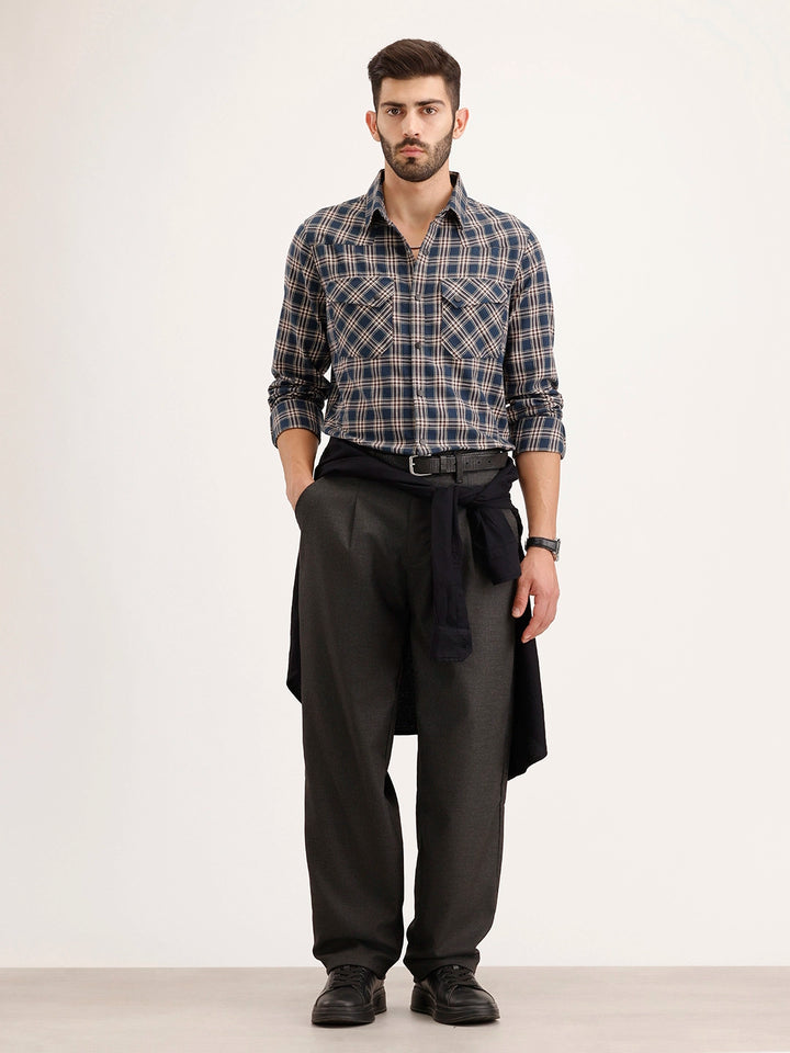 Slim Fit Double Pocket Checkered Shirt | Blue