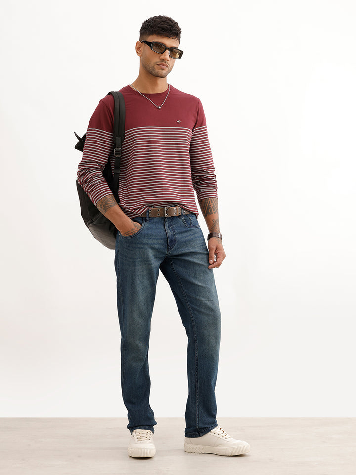Slim Fit Striped Full Sleeve T-Shirt | Maroon