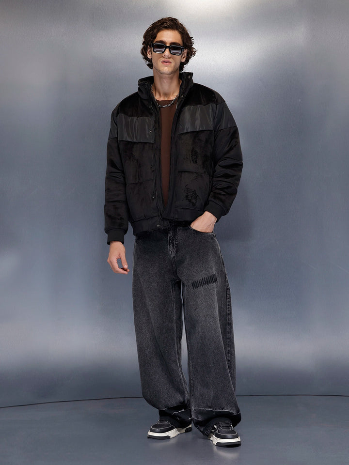 Men’s textured corduroy puffer with contrast panels | Black