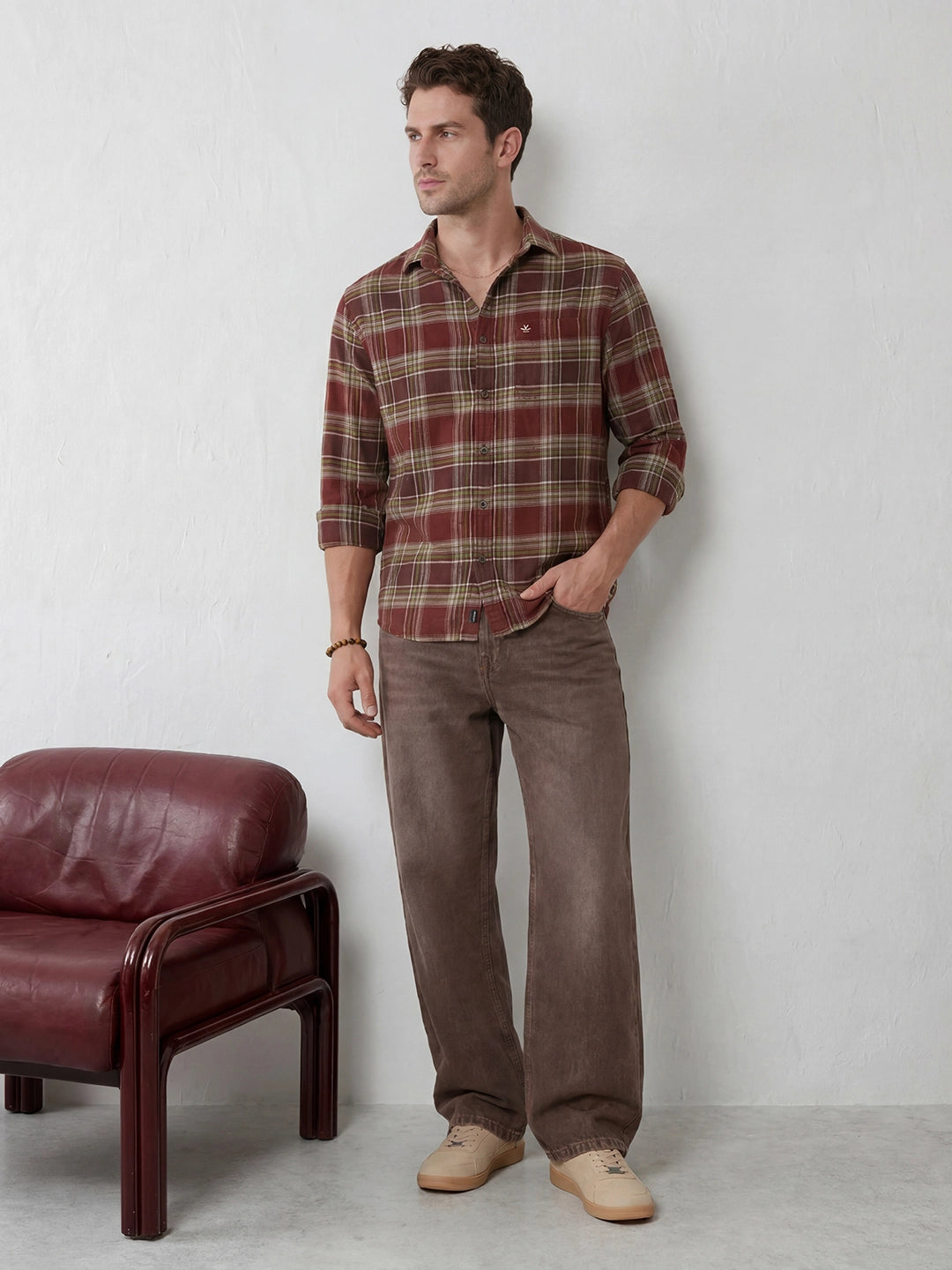 Comfort Fit Checkered Shirt | Brown