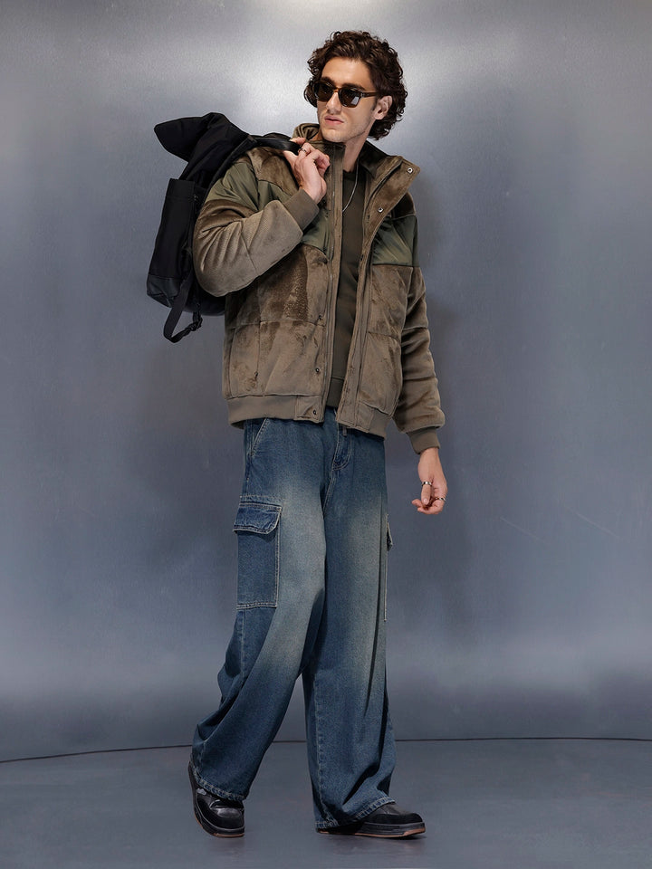 Men’s textured corduroy puffer with contrast panels | Dark olive