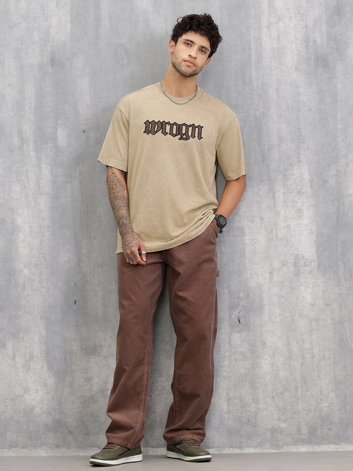 Acid Wash Oversized Fit T-shirt With Embroidery | Khaki