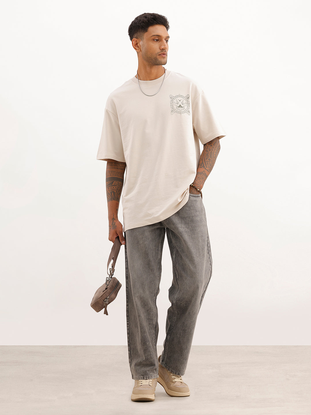 Classic Oversized Fit Back Print T-Shirt | Beige