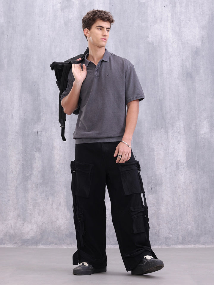 Retro Washed Oversized Fit Polo Collar T-shirt | Charcoal