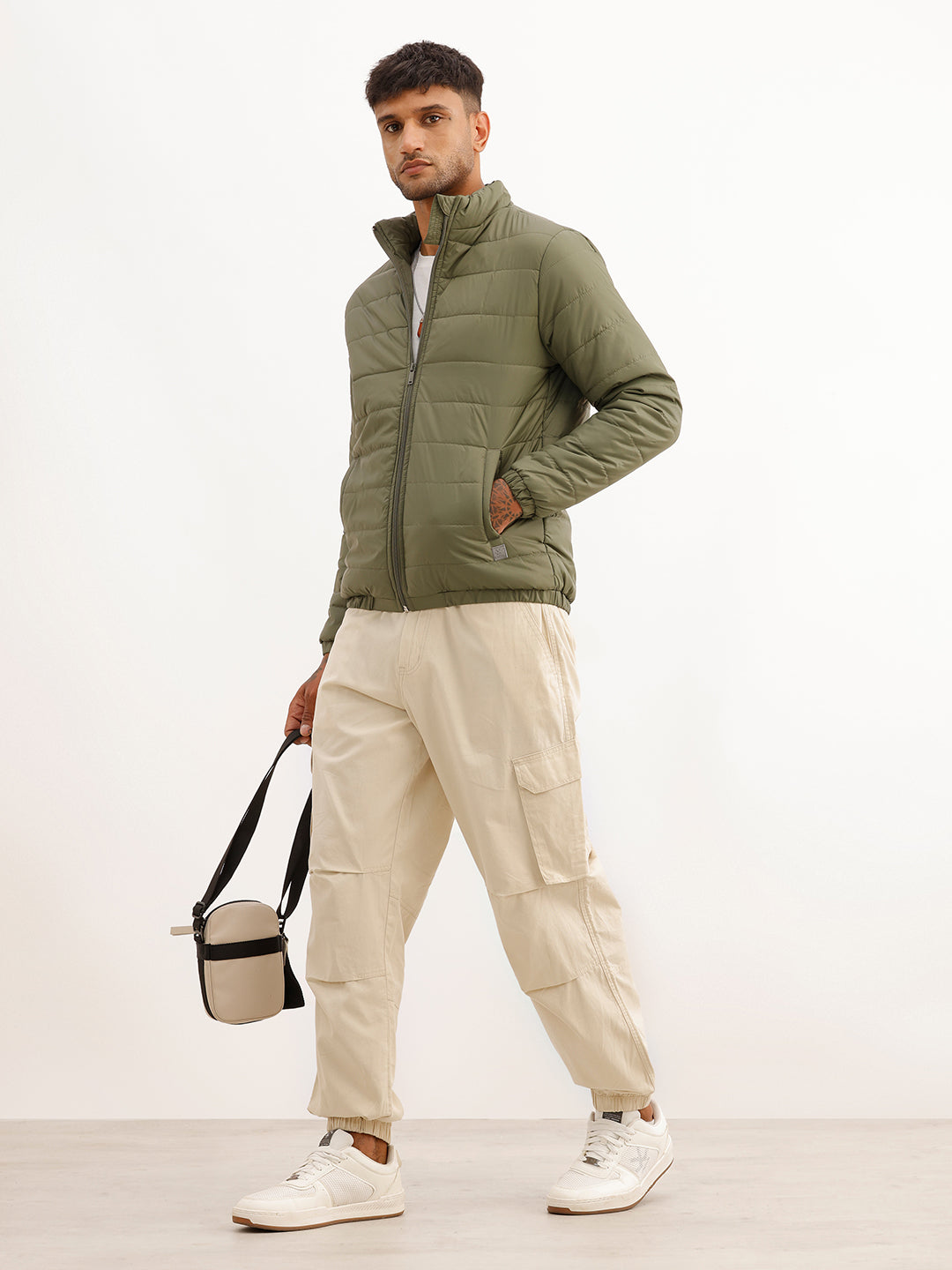 Solid Regular Fit Puffer Jacket | Green