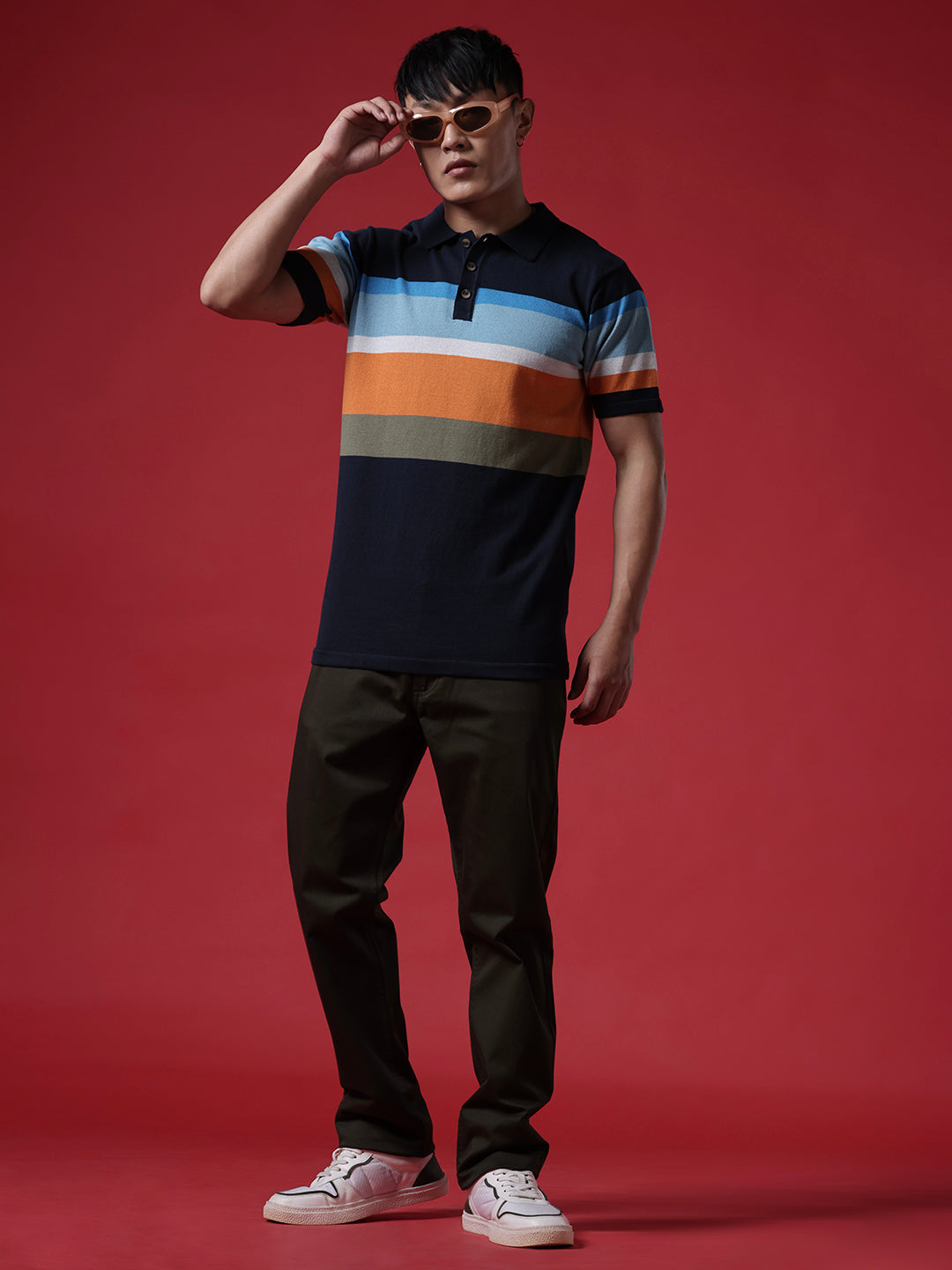 Colour Blocked Stripes Polo T-Shirt