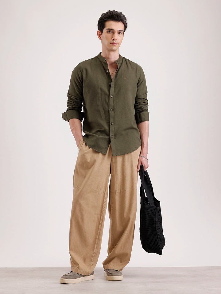 Slim Fit Mandrin Collar Linen Blend Shirt  | Olive
