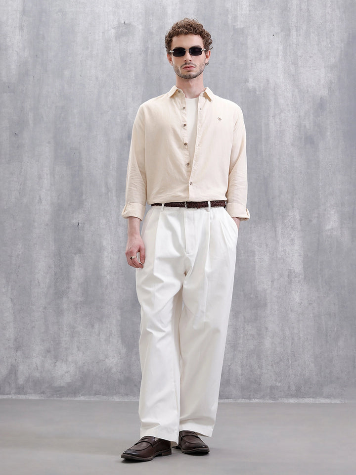 Solid Linen Blend Slim Fit Shirt | Beige