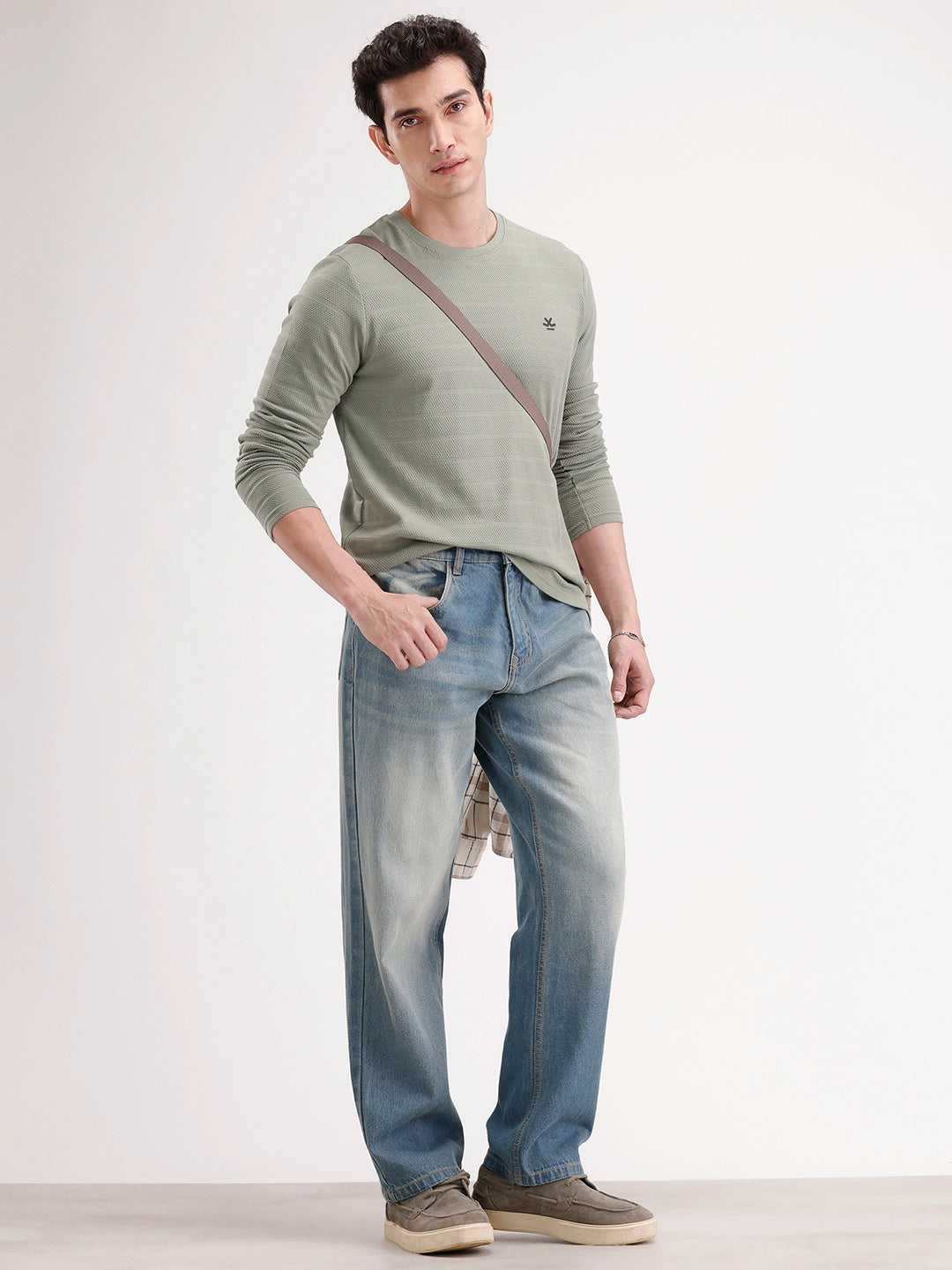 Slim Fit Textured Full Sleeves T-Shirt | Green