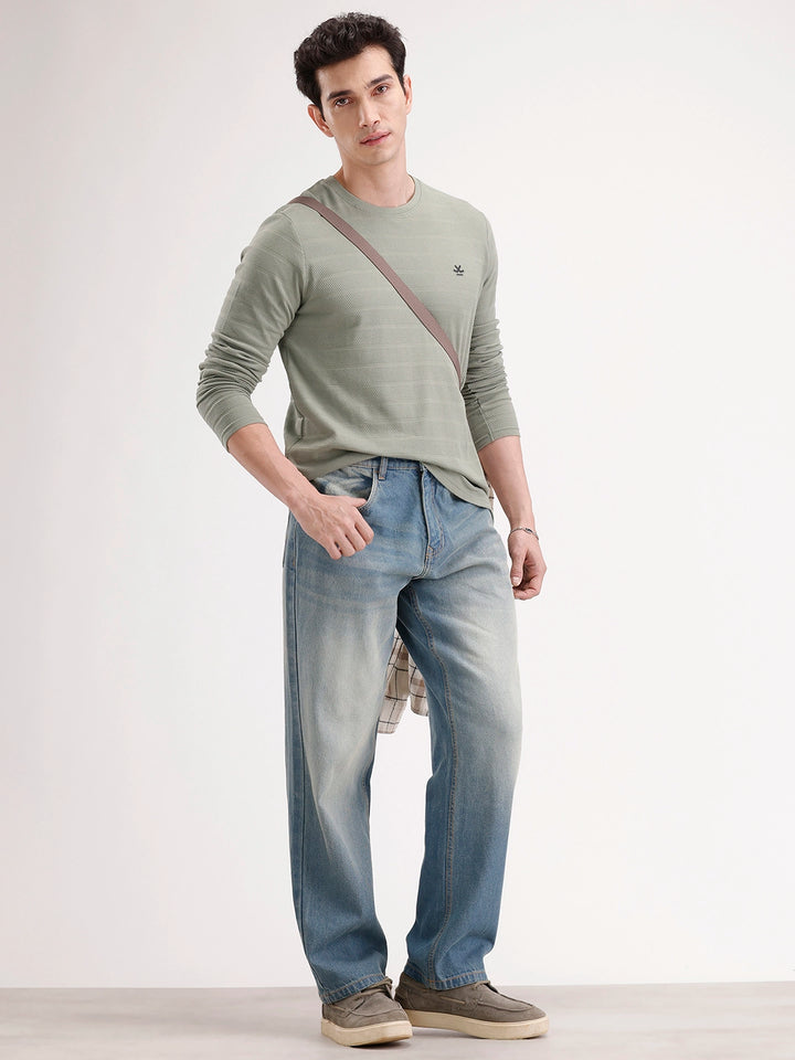 Slim Fit Textured Full Sleeves T-Shirt | Green