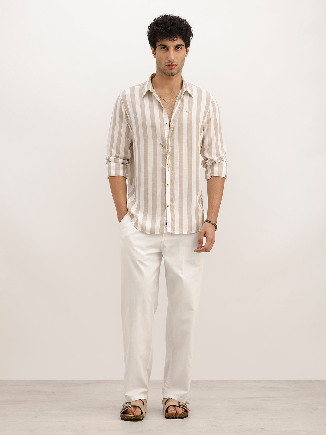 Slim Fit Striped Full Sleeve Shirt | Beige