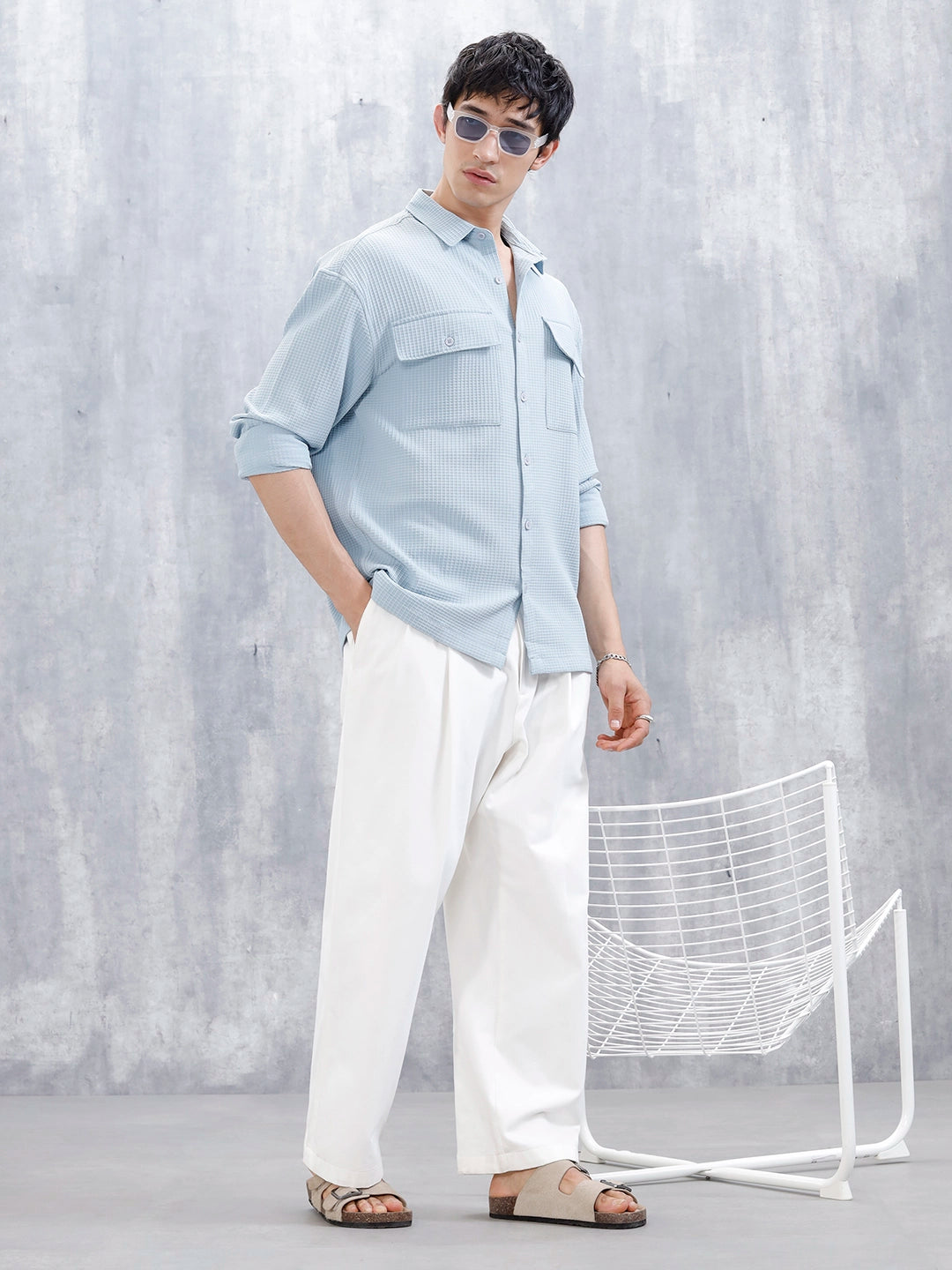 Wrogn Oversized Textured Short Sleeve Shirt With Utility Pockets | Blue