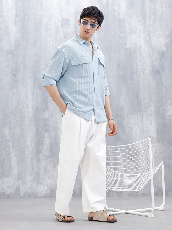 Wrogn Oversized Textured Short Sleeve Shirt With Utility Pockets | Blue