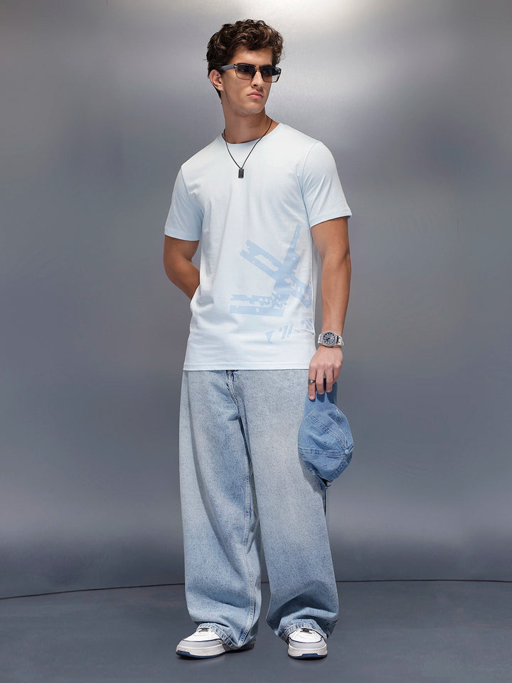 Solid Placement Printed T-Shirt   |  Light Blue