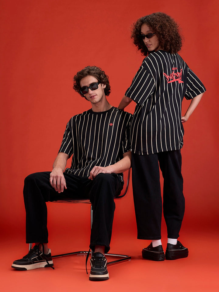 Striped Oversized Fit T-shirt With Puff Print | Black
