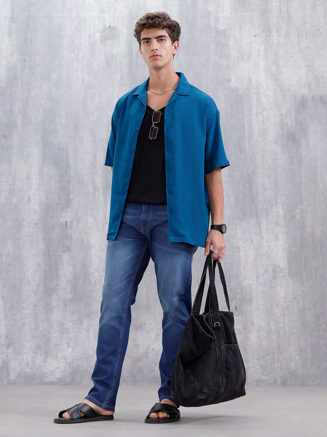 Men's Solid Self Structured Oversized Fit Resort Shirt | Teal