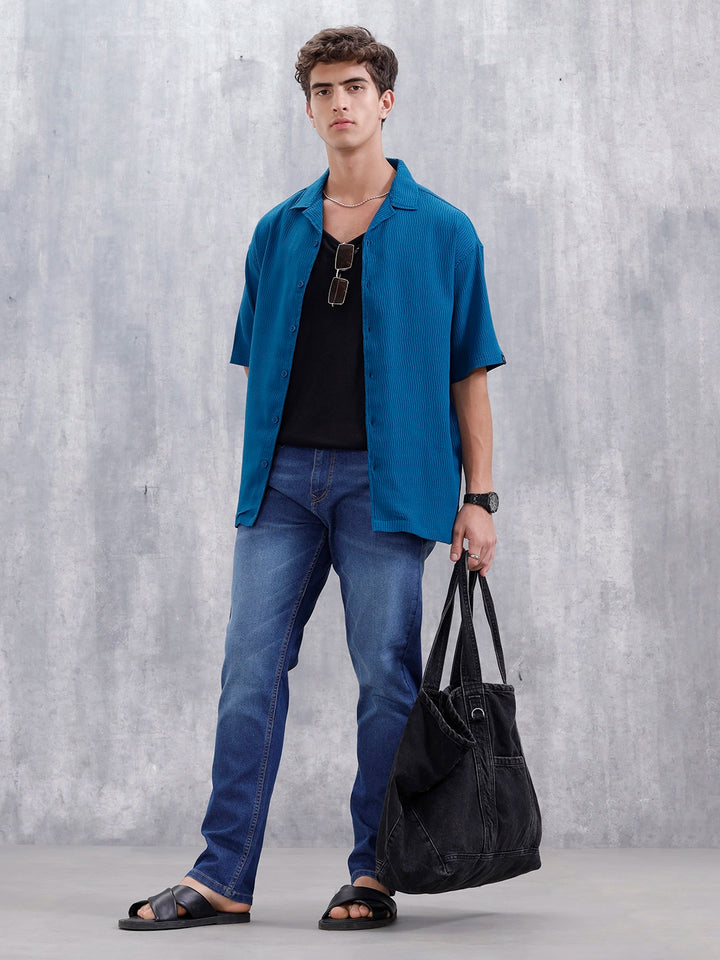 Men's Solid Self Structured Oversized Fit Resort Shirt | Teal