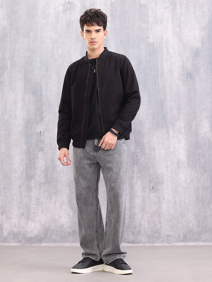Solid Casual Bomber Jacket | Black