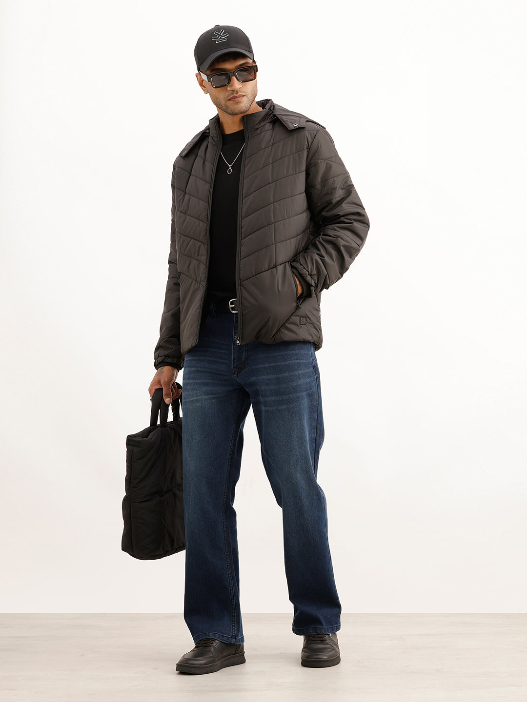 Solid Regular Fit Hooded Puffer Jacket | Black